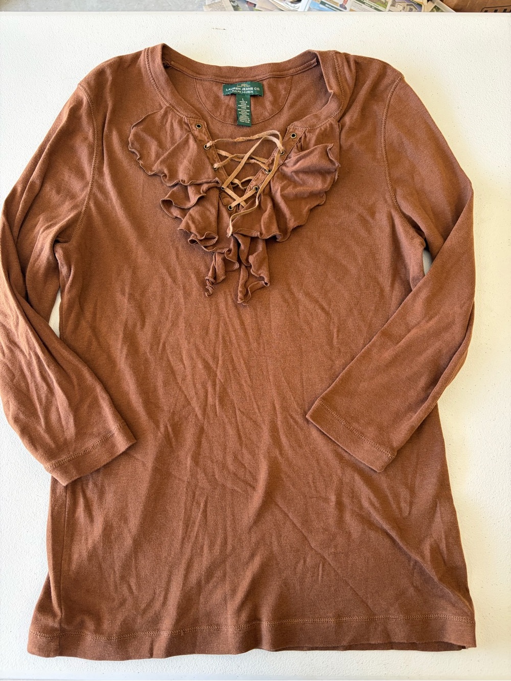 Lauren Ralph Lauren Rust Brown Ruffle Lace-Up Long Sleeve Tee